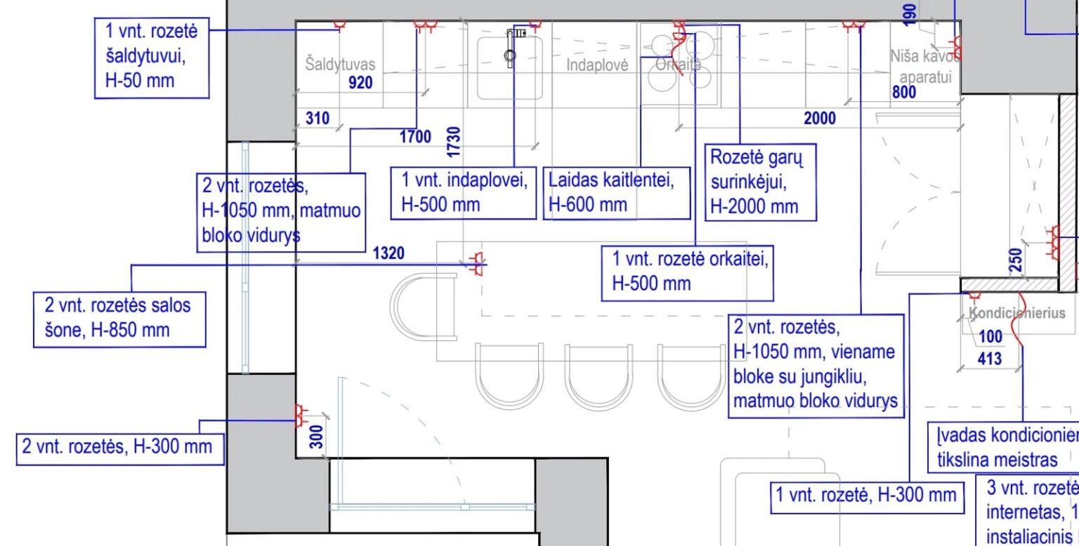 Virtuvės elektros planas su rozečių aukščiais nuo grindų